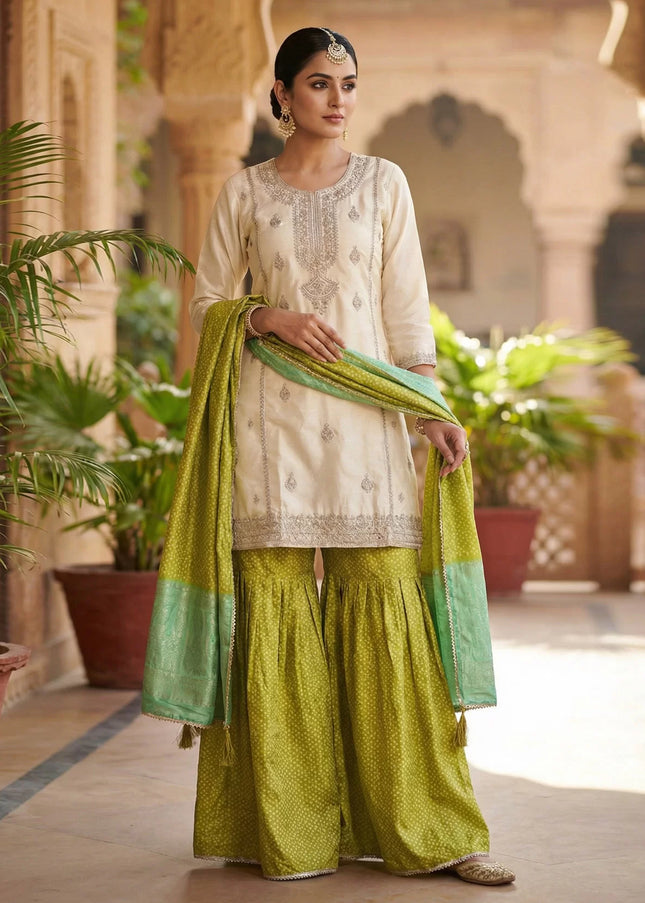 Offwhite and Green Printed and Embroidered Gharara Suit