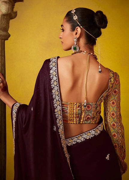 Wine and Yellow Embroidered Festive Saree