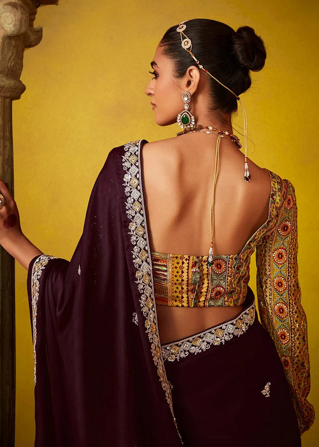 Wine and Yellow Embroidered Festive Saree