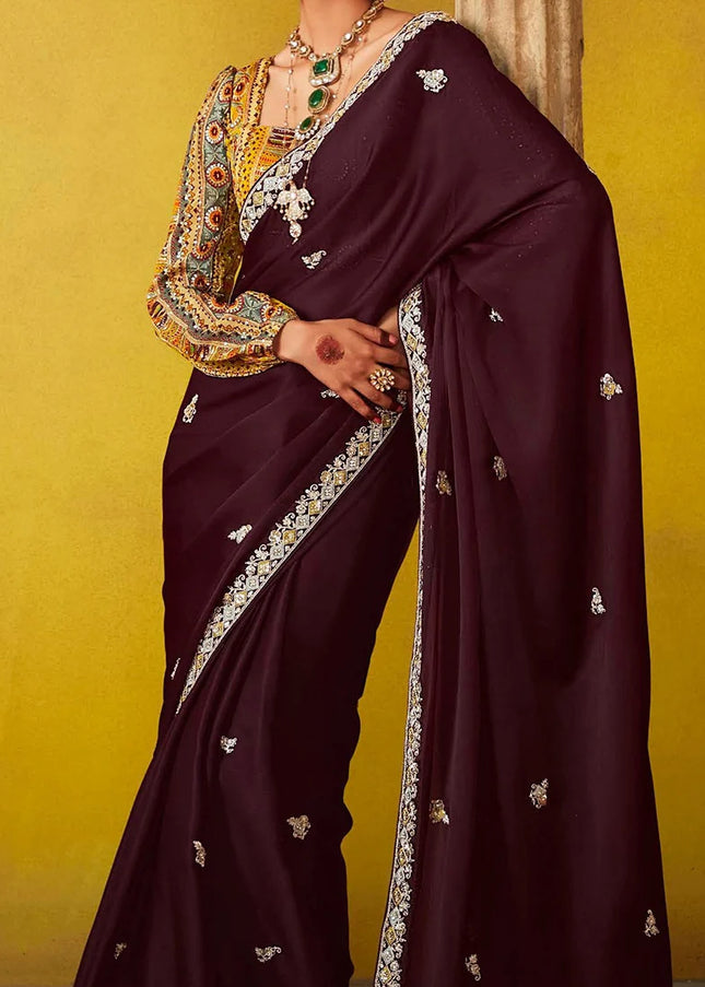 Wine and Yellow Embroidered Festive Saree
