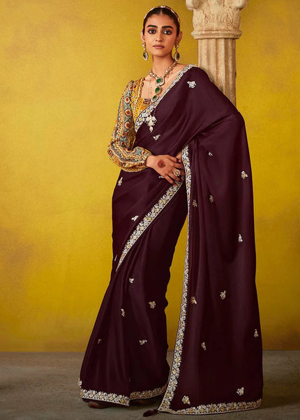 Wine and Yellow Embroidered Festive Saree