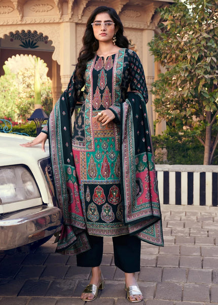 Navy Blue Printed and Embroidered Pant Suit