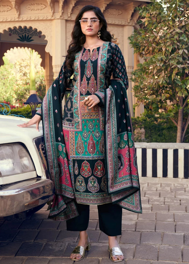 Navy Blue Printed and Embroidered Pant Suit