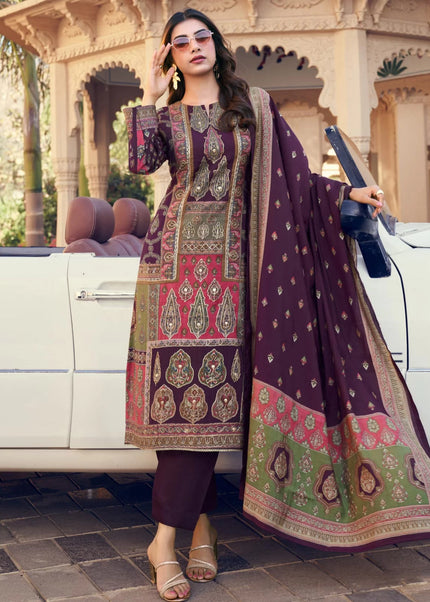 Purple Printed and Embroidered Pant Suit