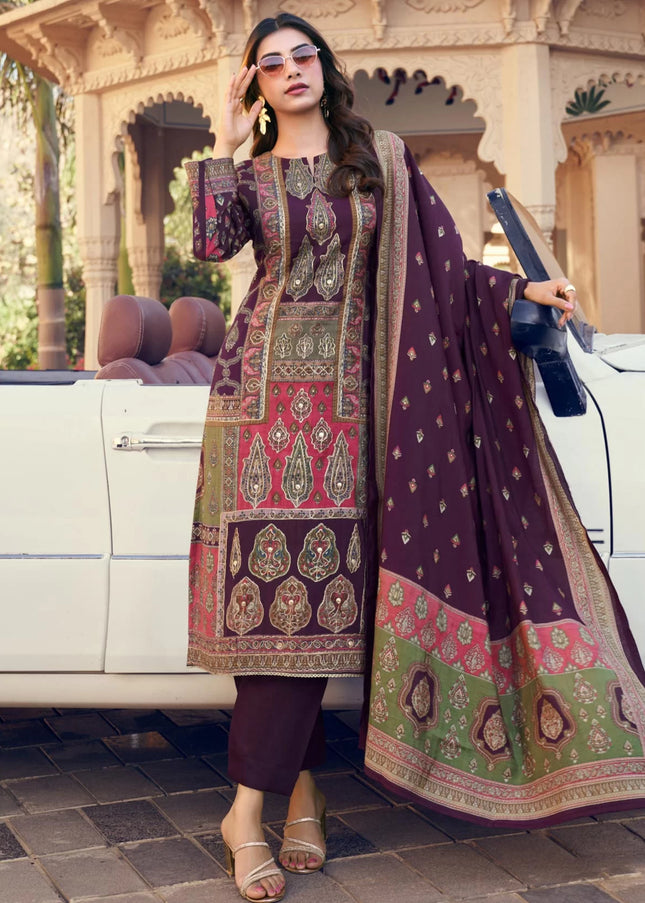 Purple Printed and Embroidered Pant Suit