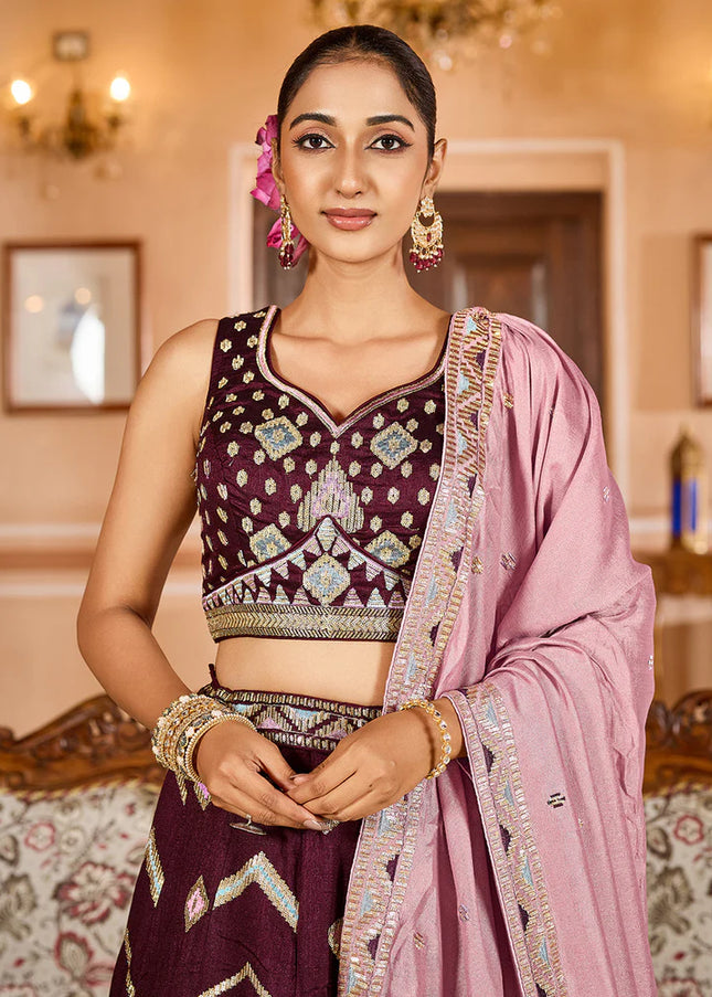 Brown Embroidered Lehenga Choli
