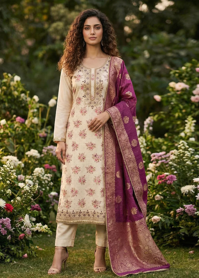 Chanderi Printed and Embroidered Pant Style Suit Series