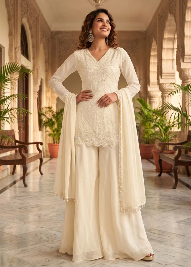 Cream Embroidered Sharara Suit