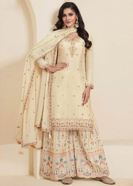 Cream Embroidered Sharara Suit