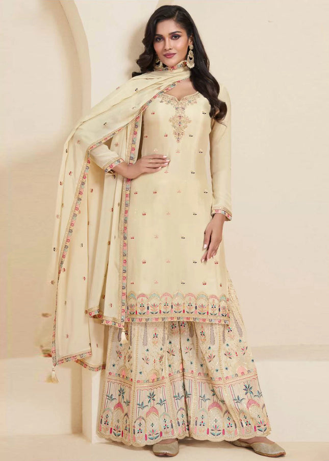 Cream Embroidered Sharara Suit