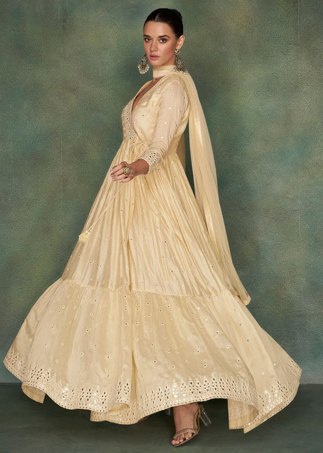Cream Embroidered Silk Anarkali Gown