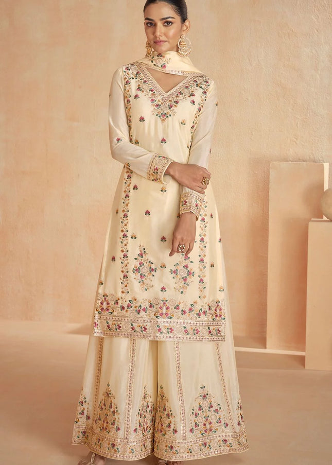 Cream Embroidered Sharara Suit