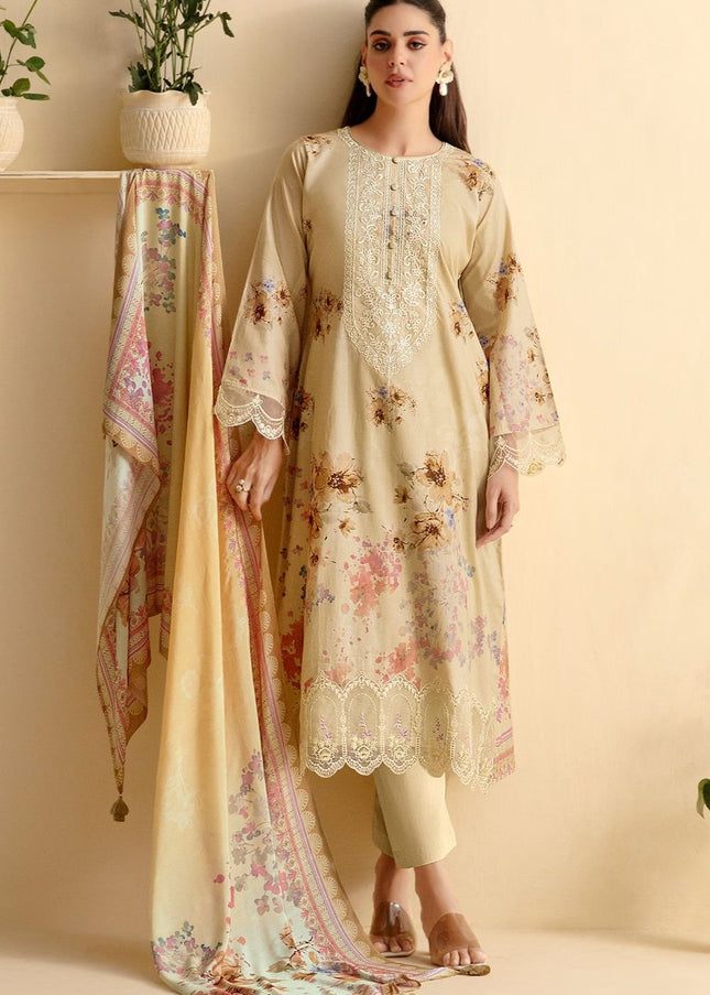 Cream Printed and Embroidered Pant Syle Suit