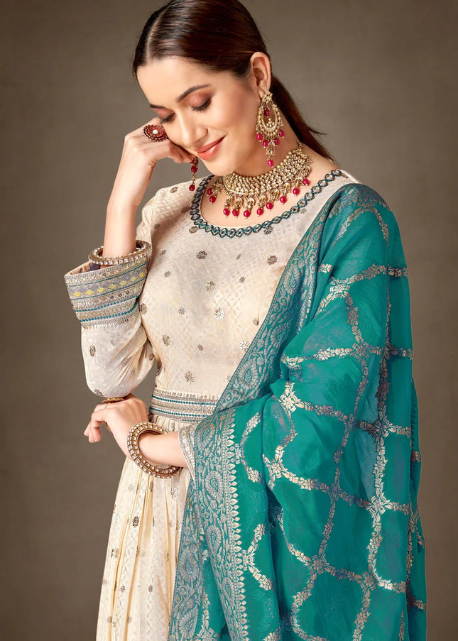 Light Beige and Blue Embroidered Pant Style Anarkali