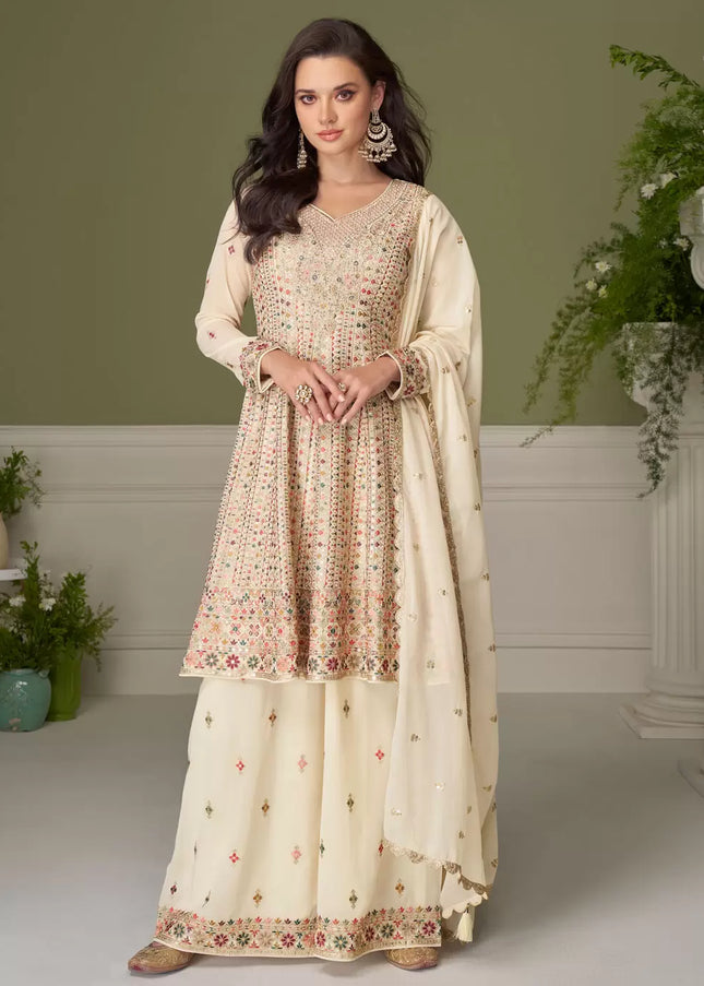 Offwhite Embroidered Sharara Suit