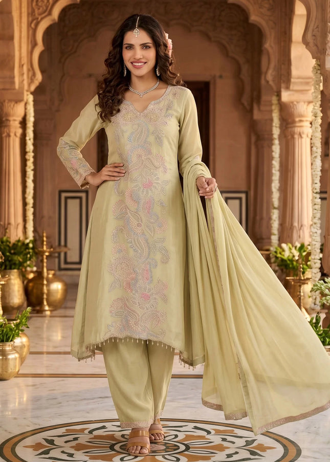 Sea Green Embroidered Pant Style Suit