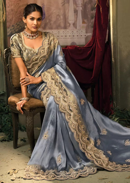 Grey and Green Embroidered Saree