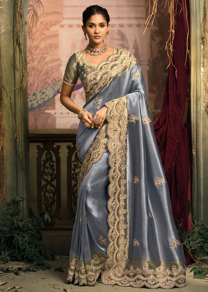 Grey and Green Embroidered Saree