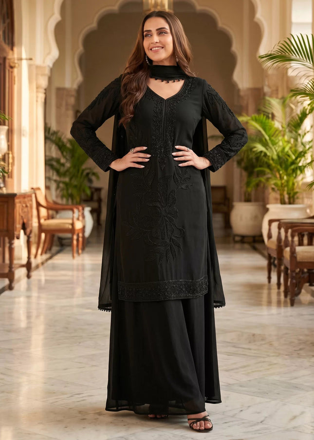Black Embroidered Sharara Suit
