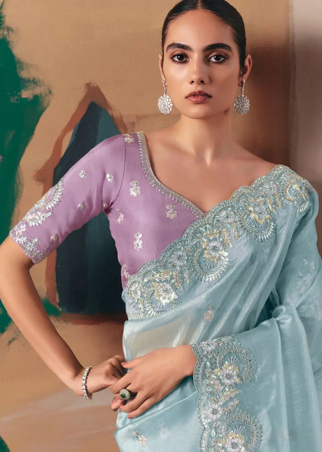 Lavender and Sky Blue Embroidered Festive Saree