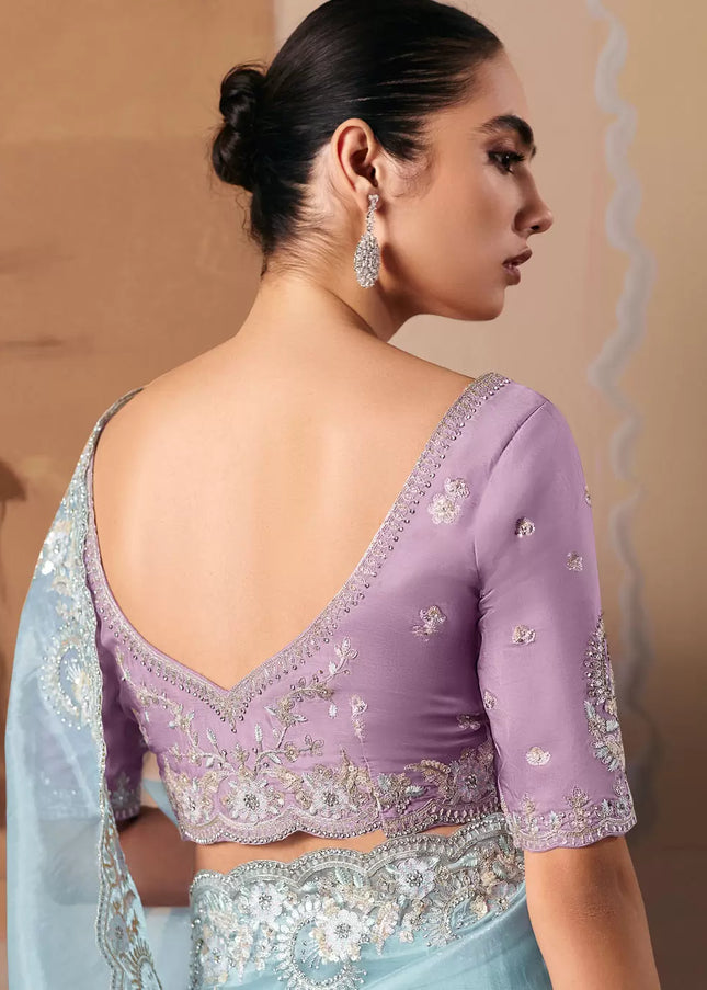 Lavender and Sky Blue Embroidered Festive Saree