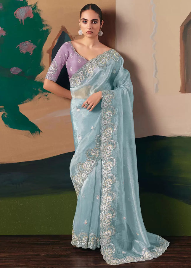 Lavender and Sky Blue Embroidered Festive Saree