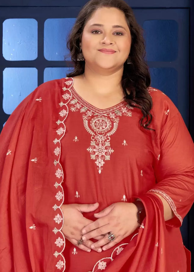 Red Embroidered Pant Style Suit