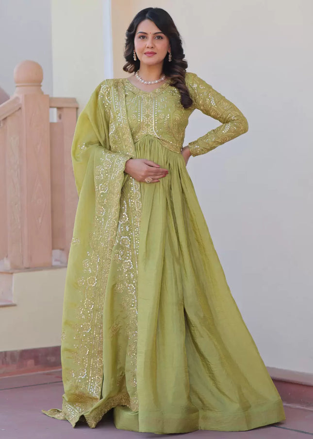 Green Embroidered Anarkali Gown