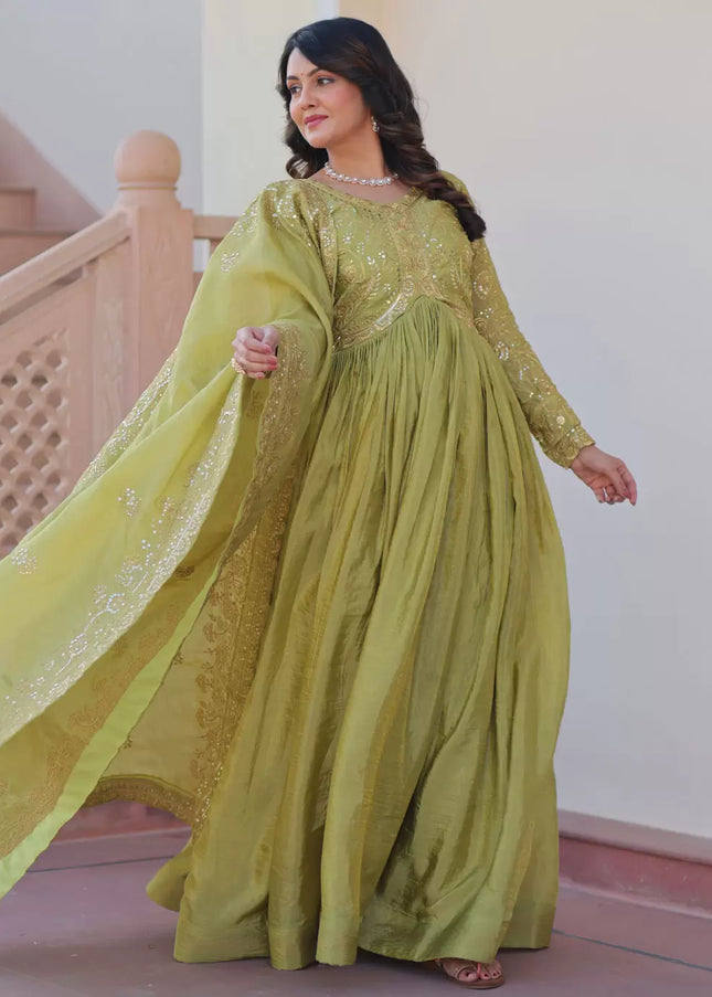 Green Embroidered Anarkali Gown