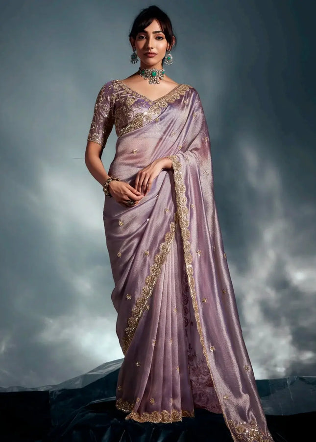 Lavender Embroidered Wedding Saree