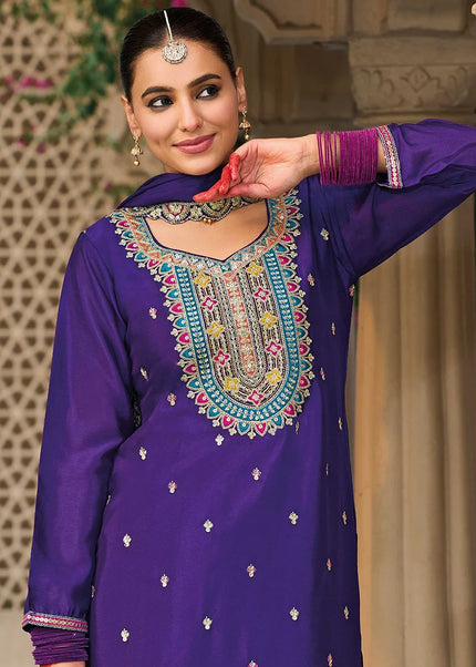 Violet Embroidered Sharara Suit