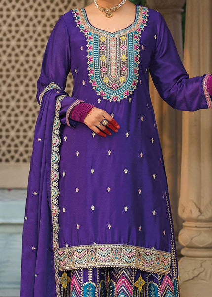 Violet Embroidered Sharara Suit