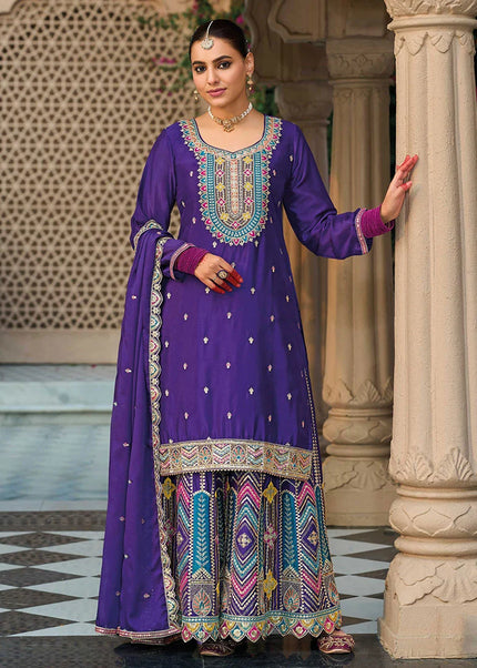 Violet Embroidered Sharara Suit