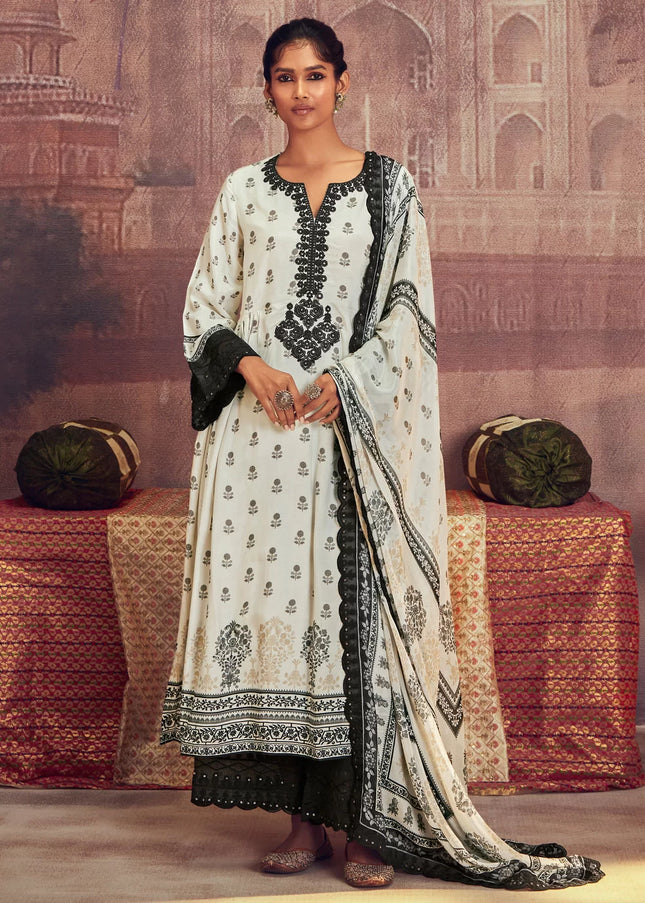 White and Black Embroidered Pant Syle Suit
