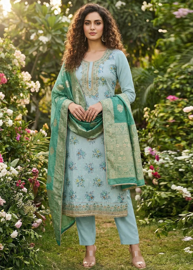 Chanderi Printed and Embroidered Pant Style Suit Series