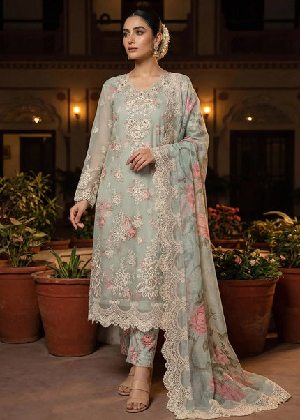 Sea Green Printed and Embroidered Pant Style Suit