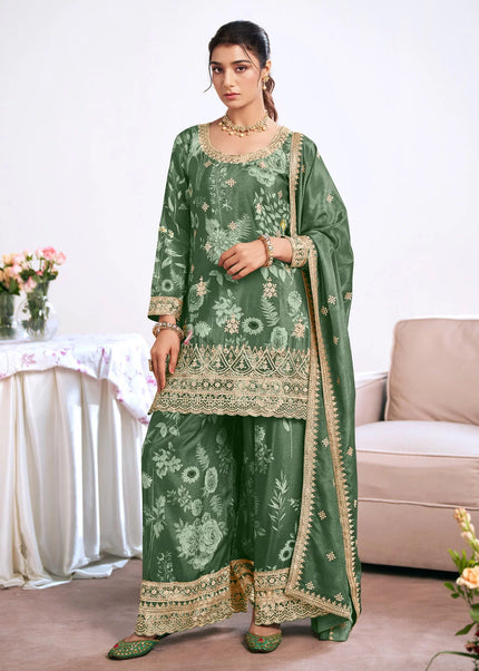 Green Printed and Embroidered Sharara Suit