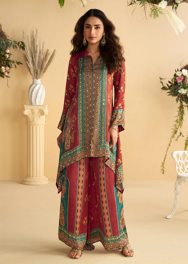 Rust Multicolored Printed and Embroidered Co-Ord Set