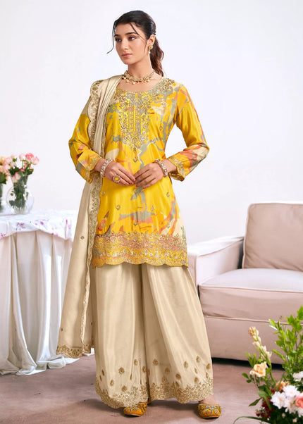 Yellow and Cream Printed and Embroidered Sharara Suit