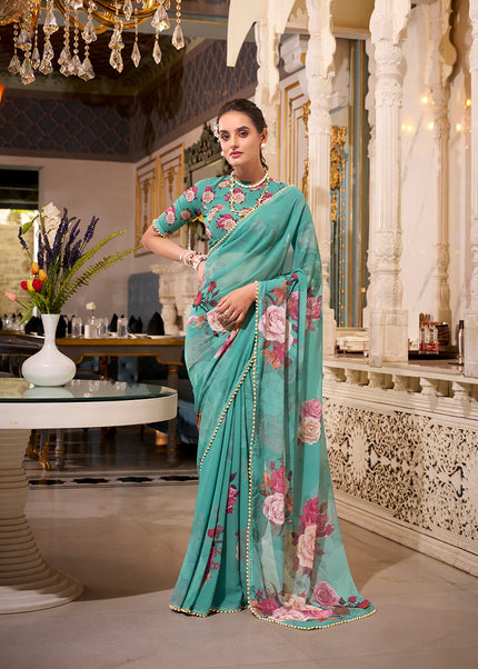 Turquoise Floral Printed Saree
