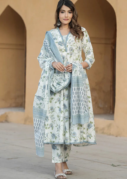 Offwhite and Grey Floral Printed and Embroidered Pant Style Suit