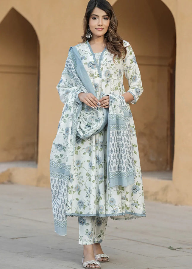 Offwhite and Grey Floral Printed and Embroidered Pant Style Suit