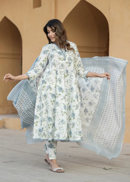 Offwhite and Grey Floral Printed and Embroidered Pant Style Suit