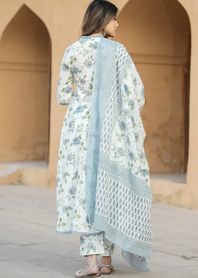 Offwhite and Grey Floral Printed and Embroidered Pant Style Suit