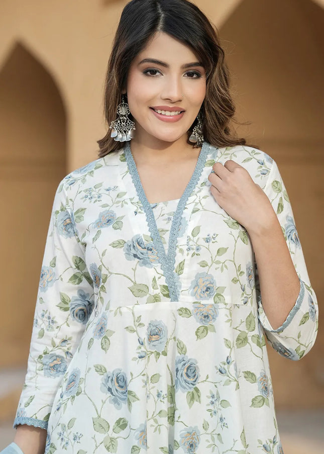 Offwhite and Grey Floral Printed and Embroidered Pant Style Suit