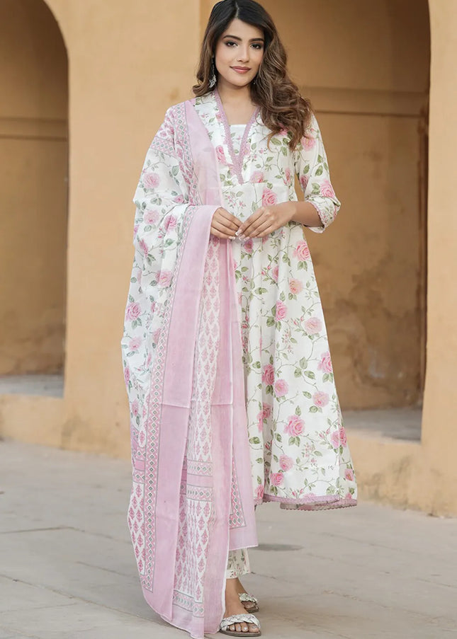 Offwhite and Pink Floral Printed and Embroidered Pant Style Suit