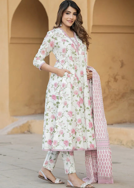 Offwhite and Pink Floral Printed and Embroidered Pant Style Suit