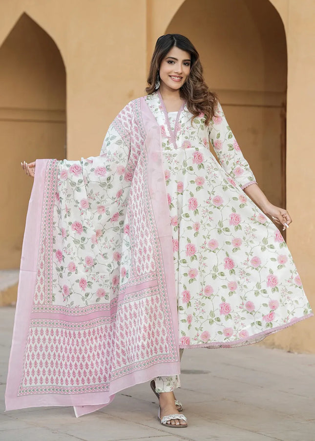 Offwhite and Pink Floral Printed and Embroidered Pant Style Suit