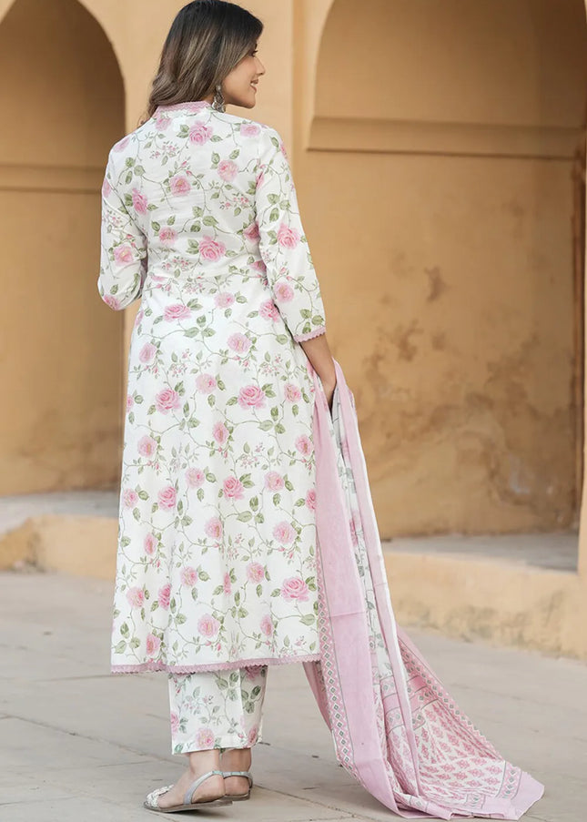 Offwhite and Pink Floral Printed and Embroidered Pant Style Suit
