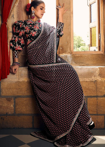 Black Printed and Embroidered Saree